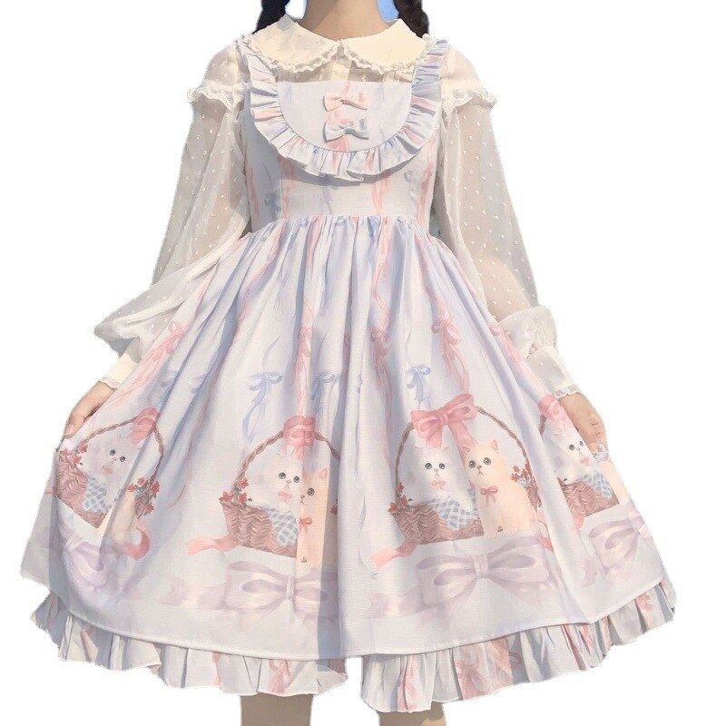 Kawaii Lolita Dress Women Girls JSK Lolita Kawaii Cute Cats Tea Party Dresses Ruffles Cosplay Spring Summer Slip Dress