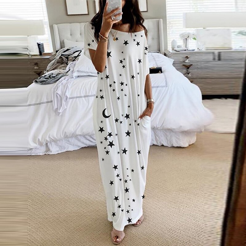 Hors épaule étoile imprimé femmes robe de nuit O cou manches courtes poche ample femme robes longues été dames Homewear: WHITE / L