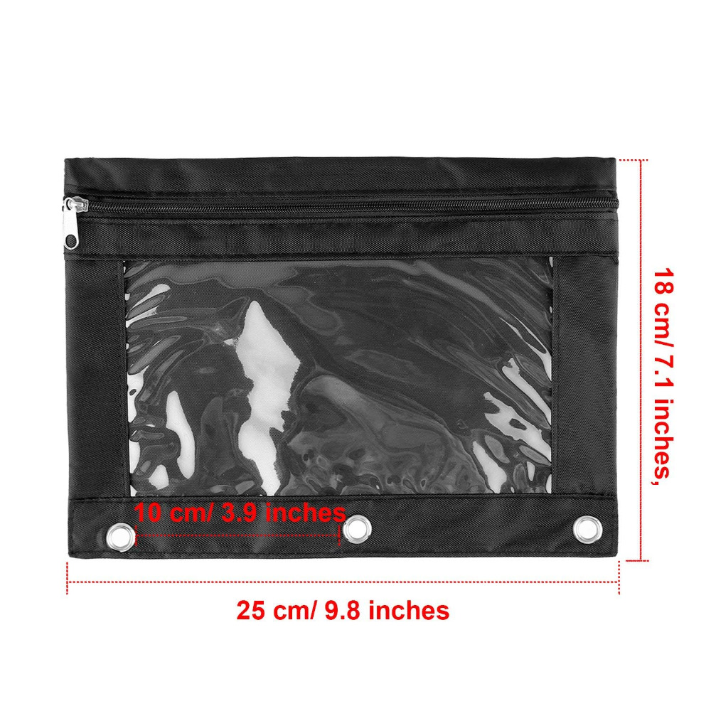 XRHYY 6 Pieces Ring Binder Pouch Pencil Bag with Holes 3-Ring Zipper Pouches with Clear Window (Black)