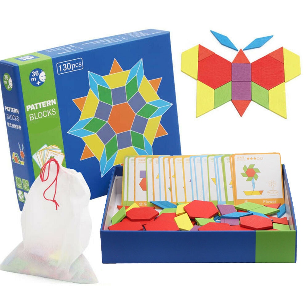 130 Pcs Wooden Geometric Shape Pattern Blocks Puzzle Box Toys Challenge IQ Kids