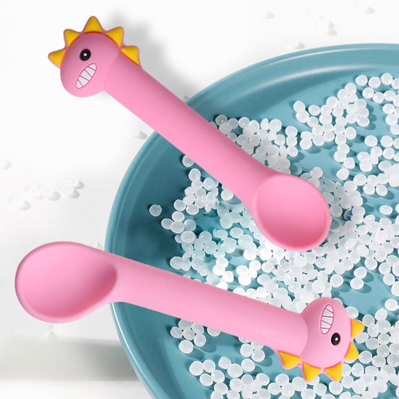 2 uds. De cuchara de alimentación de bebé, sin BPA, utensilios de silicona con bonitos dibujos animados de dinosaurios, vajilla de entrenamiento de aprendizaje infantil