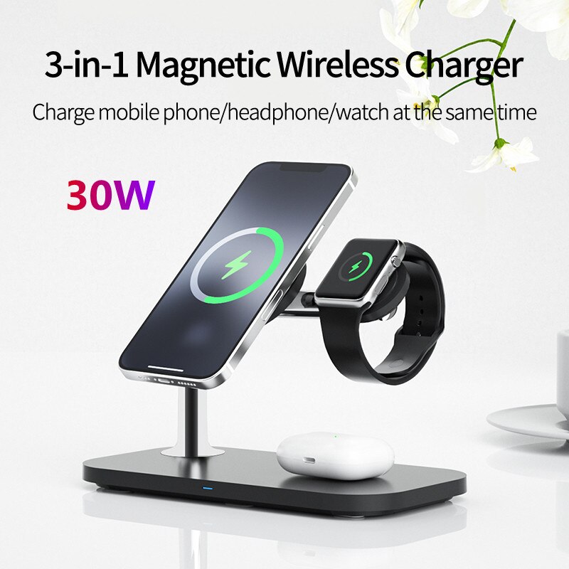 30W Drie-In-een Magnetische Draadloze Oplader Snel Opladen Telefoon Houder Voor IPhone13/12/12Pro max Airpods Pro 2 3 En Apple Horloge