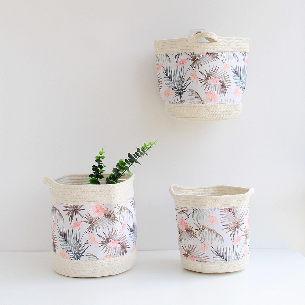 Nordic Green Leaf Cotton Rope Storage Basket Tropical Flowers Woven Finishing Baskets Foldable Sundries Organizer Bucket 1PC
