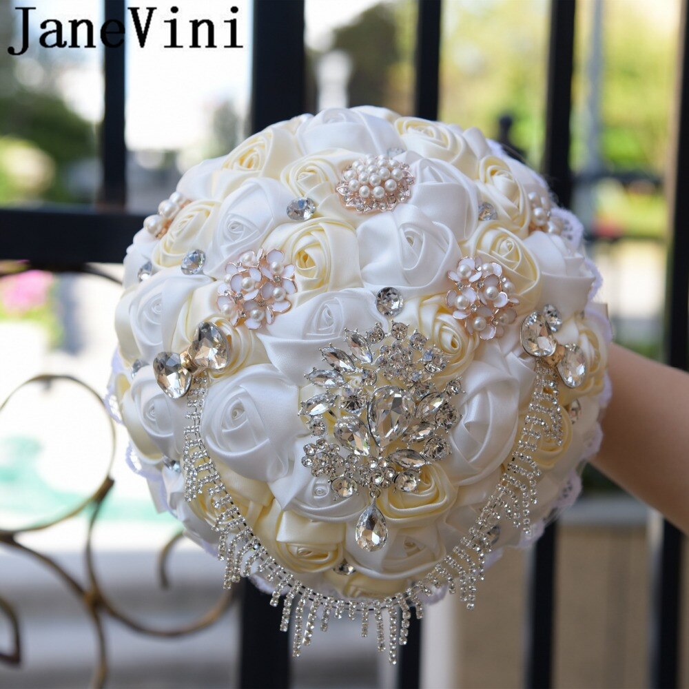 JaneVini Flores Boda Royal Blue Wedding Bridal Bouquet Luxury Crystal Beaded Bride Flower Bouquet Sposa Rhinestones Satin Brooch