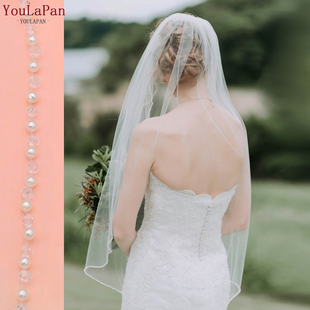 Youla Pan V34 Elegante Bruiloft Sluier Met Crystal Edge Veil Voor Bruid 1 Layer Wit Vingertop Lengte Sluier Met Kam bruidssluier