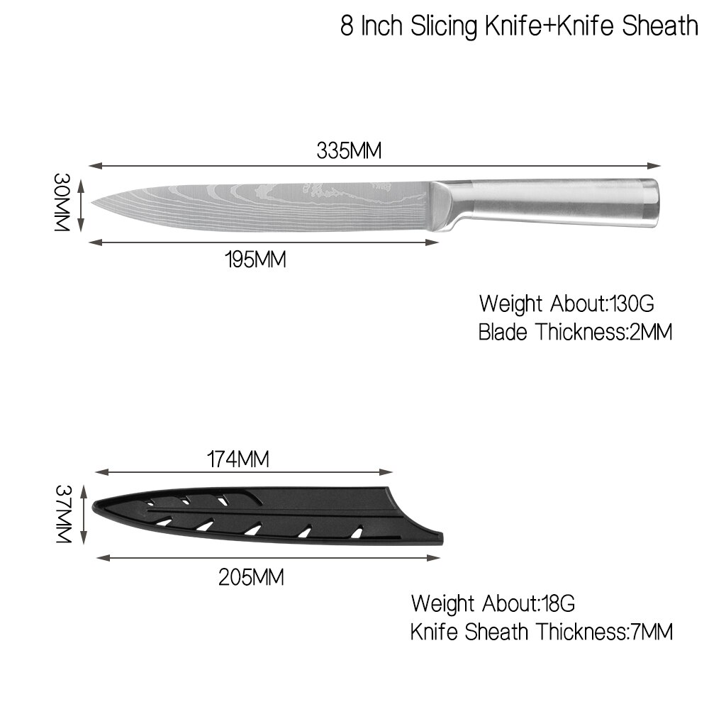 Damask køkkenknive sæt 7 cr 17 knive i rustfrit stål frugtværktøj santoku kok udskæring brød madlavning kniv damaskus mønster: 8 in udskæringsknive