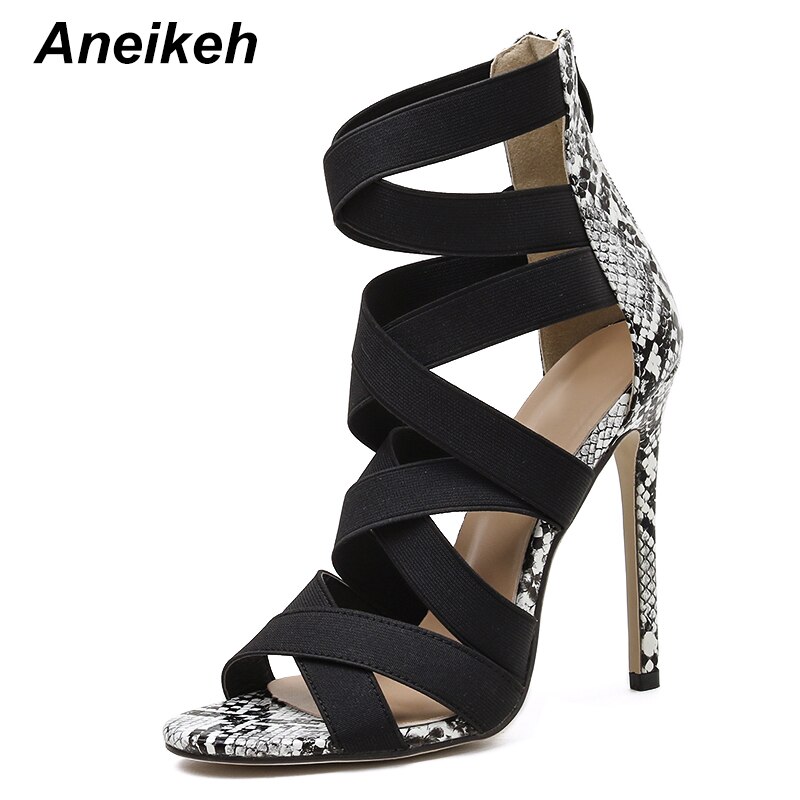 Aneikeh été femmes chaussures sandales croisées Stretch tissu Rome fermeture éclair talons minces bride à la cheville fête bout rond 35 ~ 40