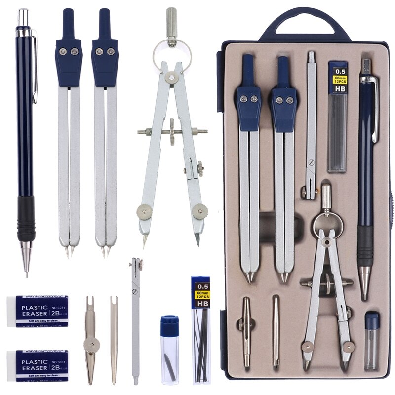 11Pieces Math Geometry Kit Set Metal Compass Geometry Precision Tool Set Circle Drawing Tools Rulers Protractors