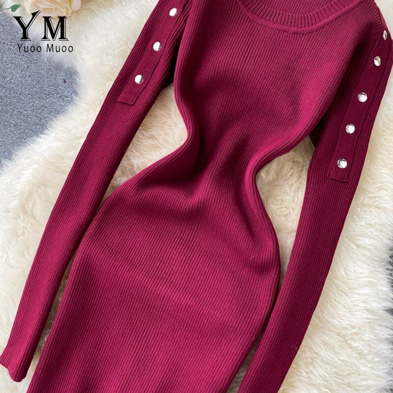 Yuoomuoo knapper lange ærmer strikket kjole efterår vinter kvinder basic bodycon midikjole smarte dame kontorkjoler