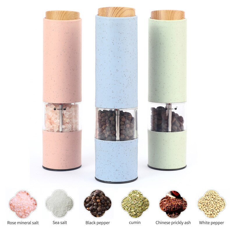 Electric Salt Pepper Grinder with LED Light Automatic Spice Mill Wheat Straw Grinders Shaker Adjustable Coarseness Ceramic Core