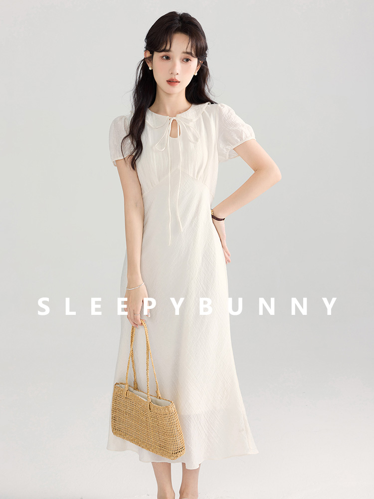 Women French Style Purple Short Sleeve Dress Waist-Cinching Puff Sleeve Long Dress Petite Fit Soft and Feminine Dress