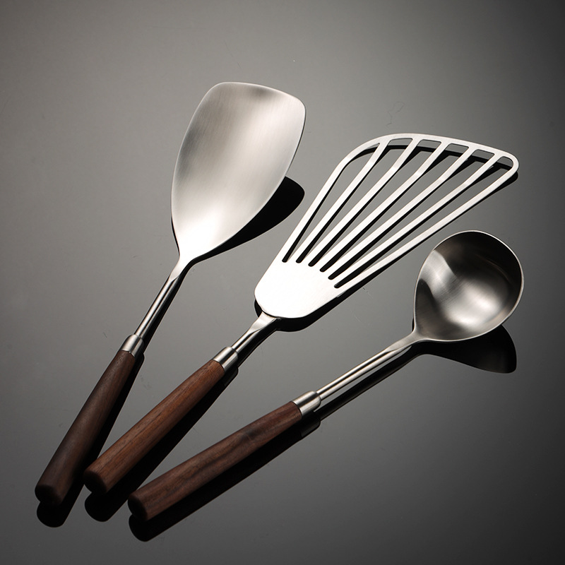 Pala de utensilios de cocina de acero inoxidable 304 de nogal, cuchara pequeña, pala voladora, cuchillo para pastel, espátula, herramientas de cocina, antiescaldado