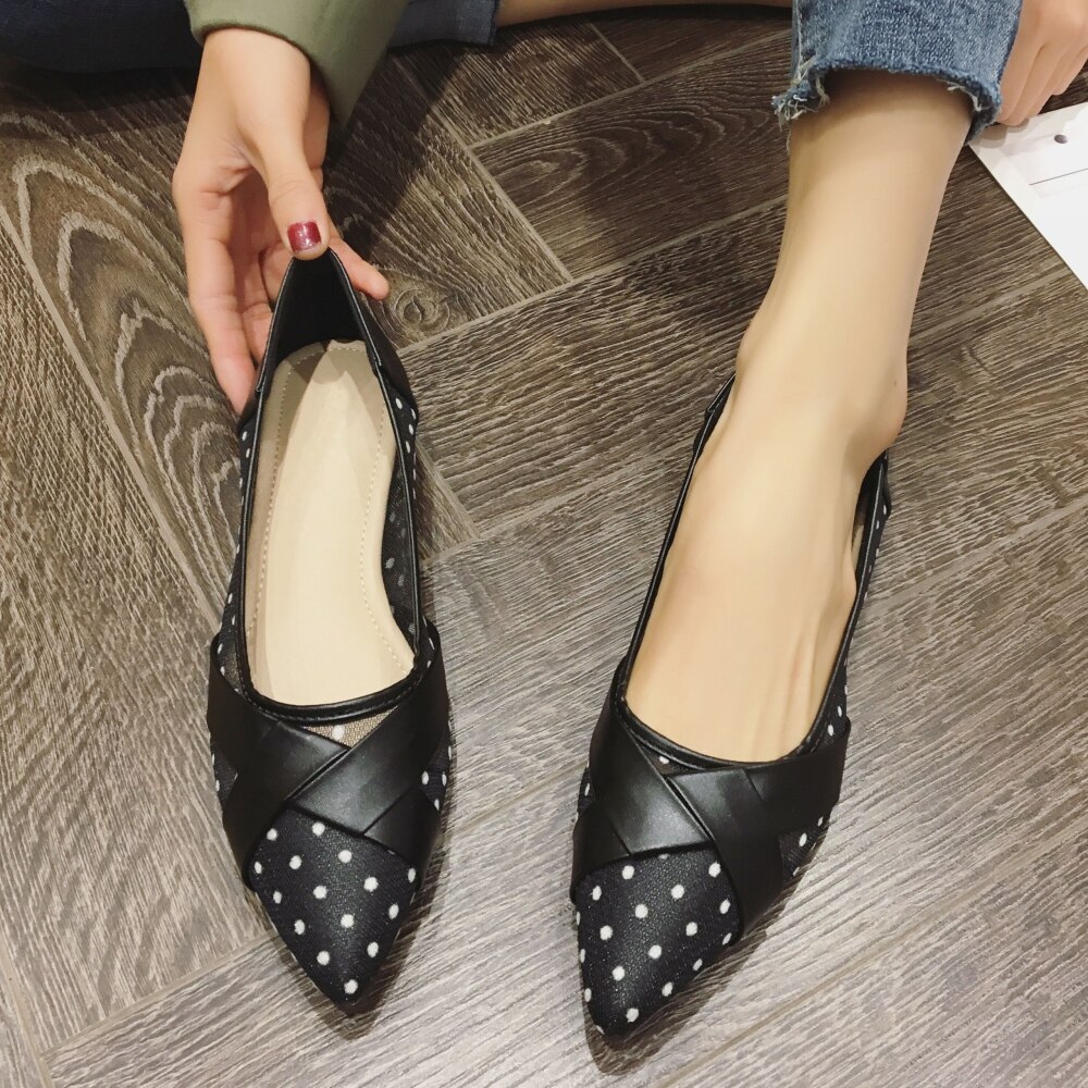 Spring Summer Women's Ballet Flats Shoes Polka Bot Openwork Shallow Woman Ladies Soft Work Flats Single Shoes Black