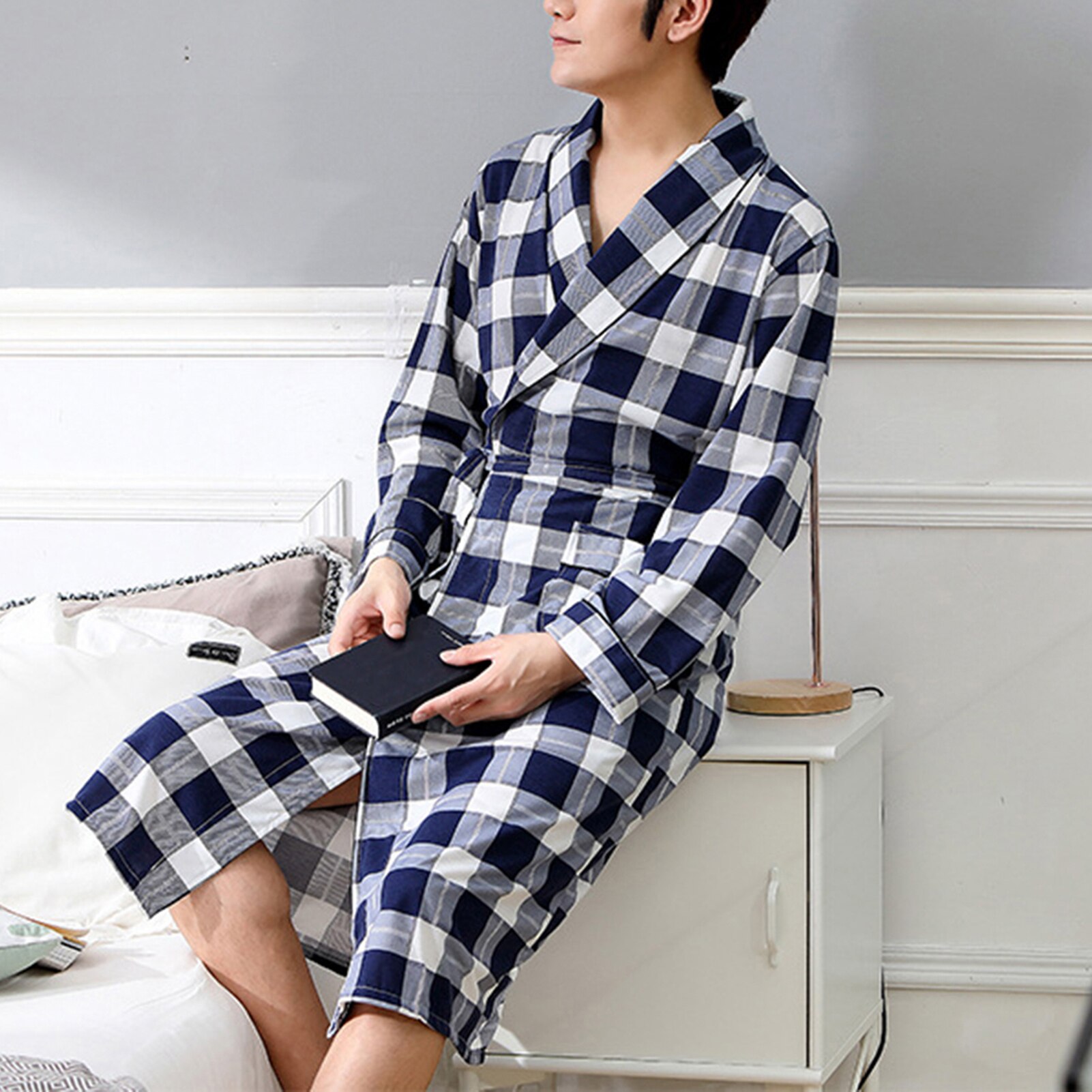 Men Robes Sleepwear Casual Soft Color Block Pockets Warm Soft Long Sleeve Bath Robe Home Gown Sleepwear Home Pyjamas Plus Size