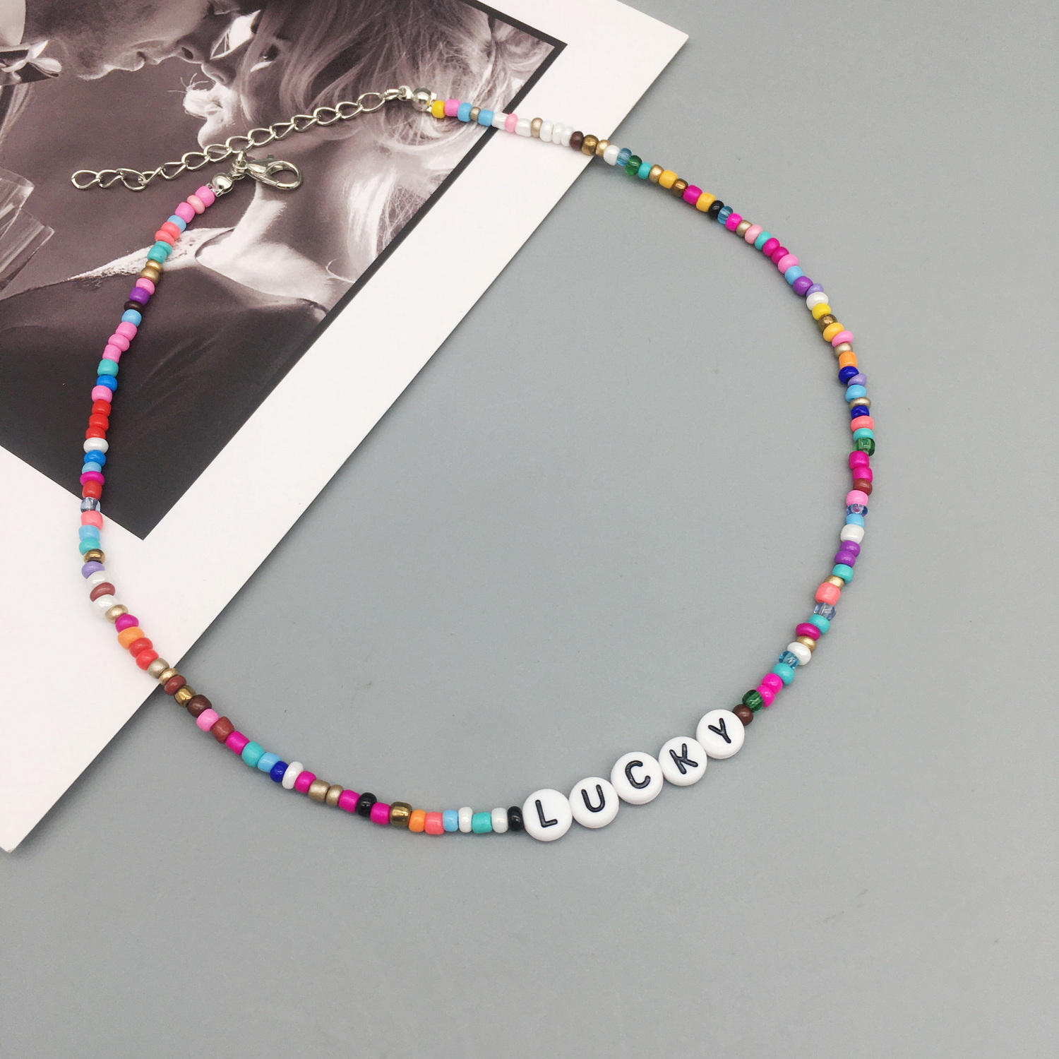 Boho Handmade Diy Seed Bead Necklace Letter Lucky Love Happy Choker Strand Chain Colorful Female Beach Collier Femme Jewelry: Lucky