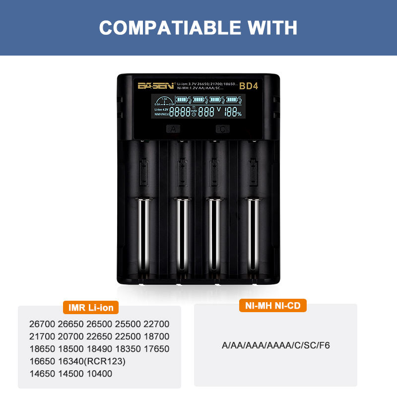 BASEN BD4 LCD Battery Charger for 18650 26650 21700 18350 AA AAA 3.7V/3.2V/1.2V NiMH Battery 18650 Smart Charger