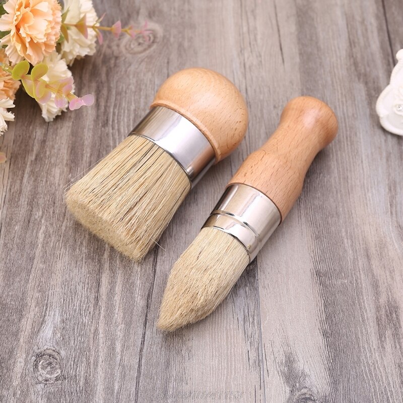 2Pcs/Set Round and Pointed Chalk Paint Wax Brush Ergonomic Wood Handle Natural Bristle Brushes Furniture Paint A14 21