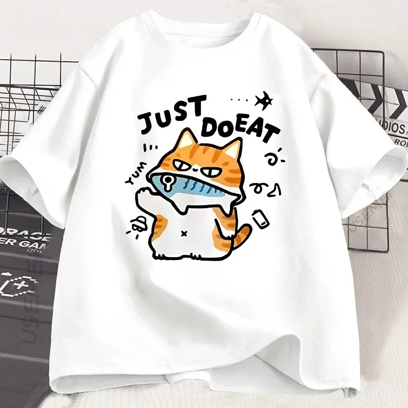 Engraçado gato comer peixe camiseta para mulheres verão topos camisetas o pescoço roupas femininas streetwear manga curta t camisa