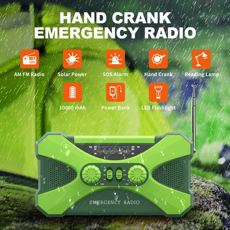 10000mAh Solar Hand Crank Radio AM/FM/NOAA Dual Speaker Stereo SOS Alarm LED Torch Flashlight Emergency Alert Power Bank