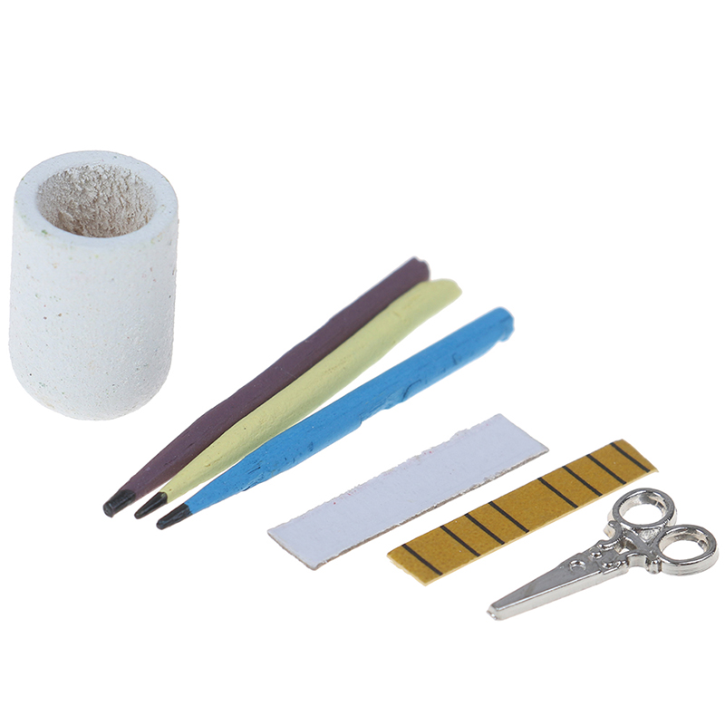 1:12 Dollhouse Miniature Pen Cup Holder with Pencil Ruler Scissor Accessories