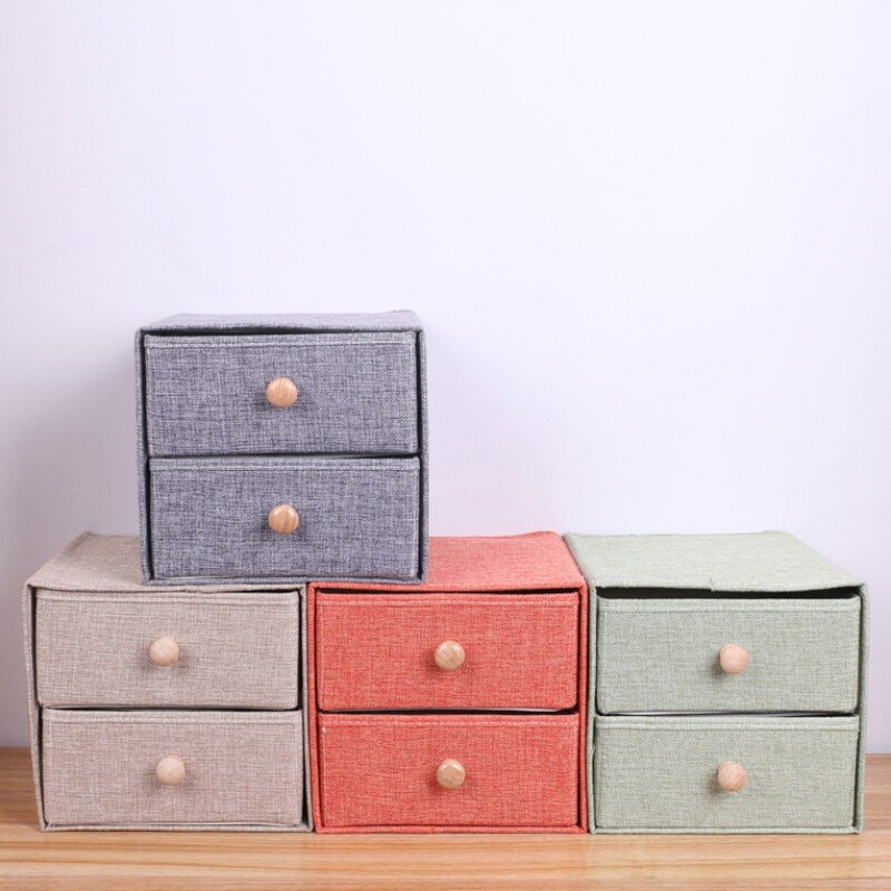 Household Linen Fabric Drawer Desktop Cosmetic Storage Drawer Wooden Handle Linen Double Storage Box Foldable Storage Box