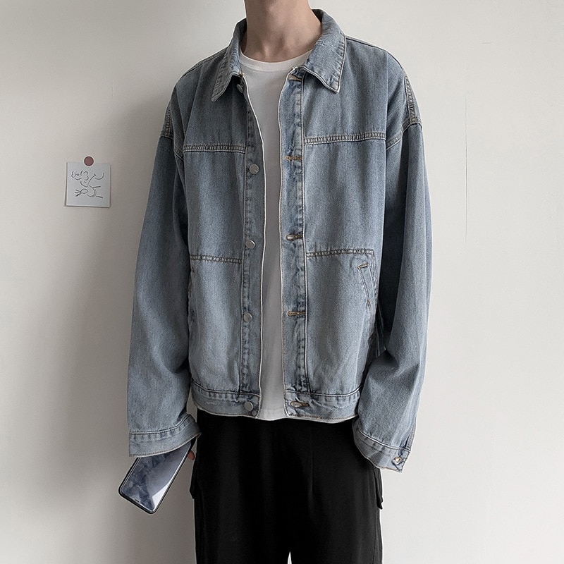 Retro tooling denim jacket men's spring autumn casual student loose jacket mens clothing trends distressed denim jacket