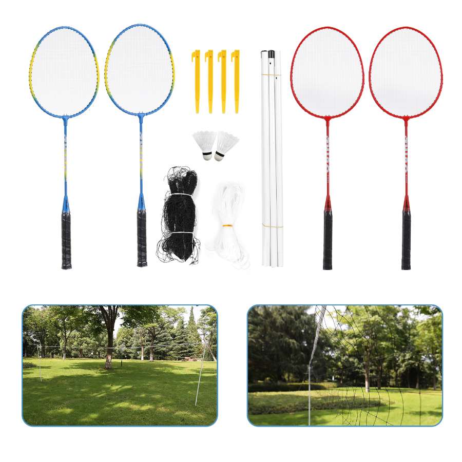 Børn badminton sæt badminton ketchere fire pakker badminton stativ bærbar genanvendelig udendørs træning fitness kombination: For voksen  