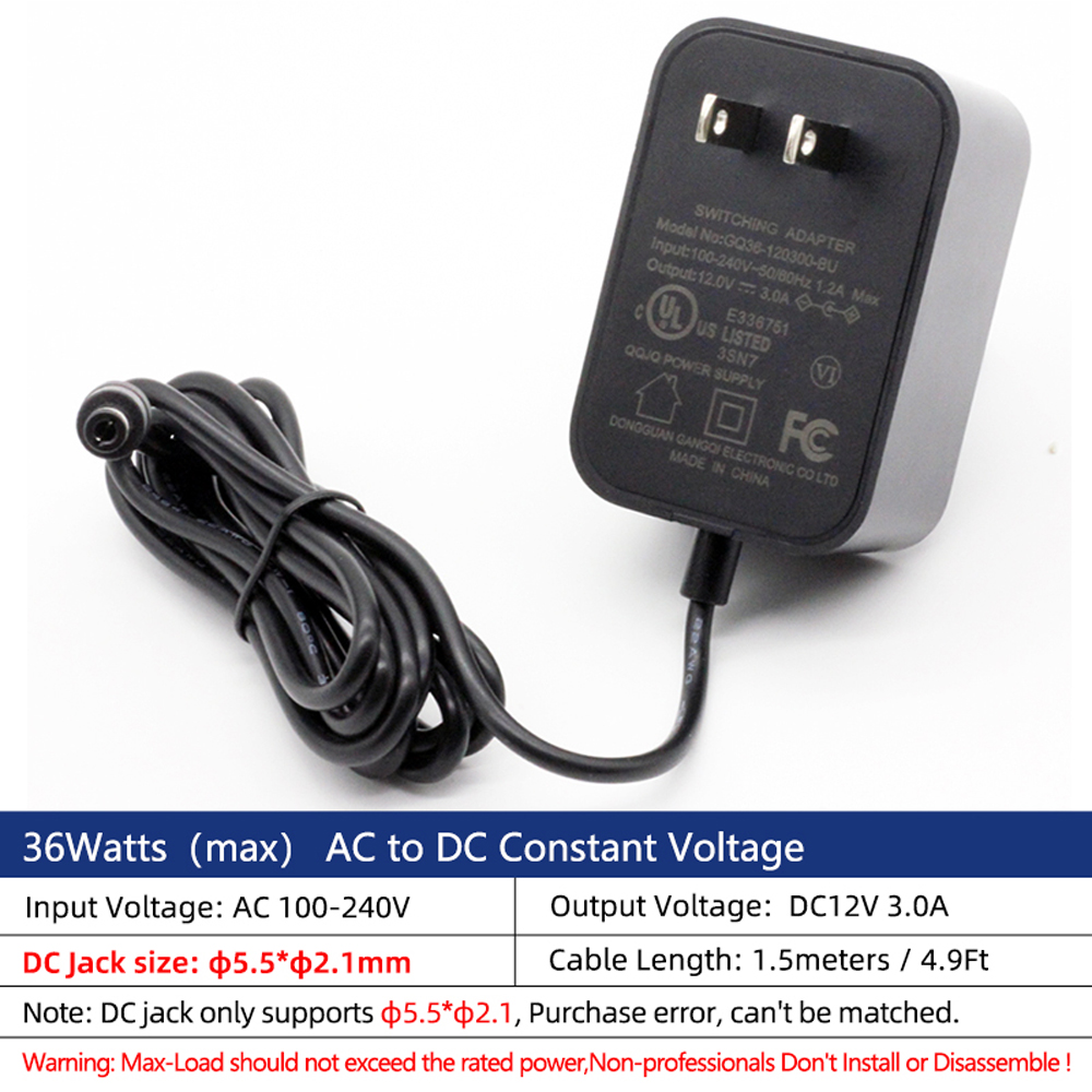 US high power adapter AC100-240V to DC12V 12W/36W/60W 1A3A/5A 5.5x2.1mm DC power plug for router LED light strips, etc.: black