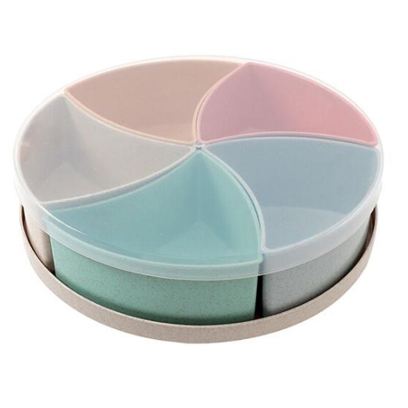 Hvedestrå rund delt 5 rum candy snack organisator opbevaring serveringsbeholder fad fad med låg