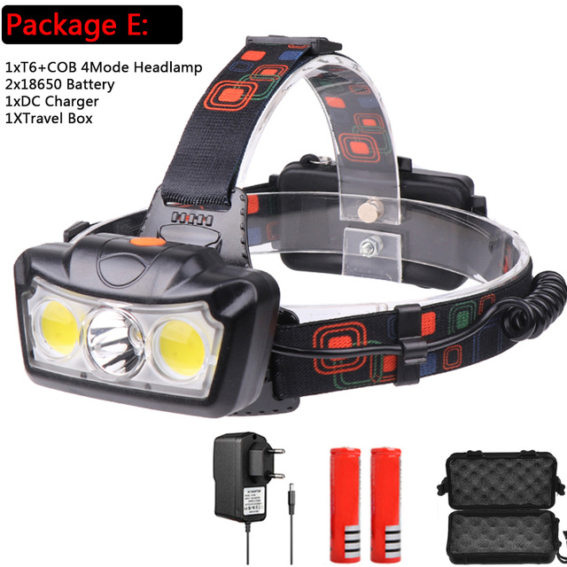 LED Koplamp T6 + COB LED Koplamp Koplamp Zaklamp Fakkel Lantaarn hoofd licht Gebruik 18650 batterij voor Camping: packet E