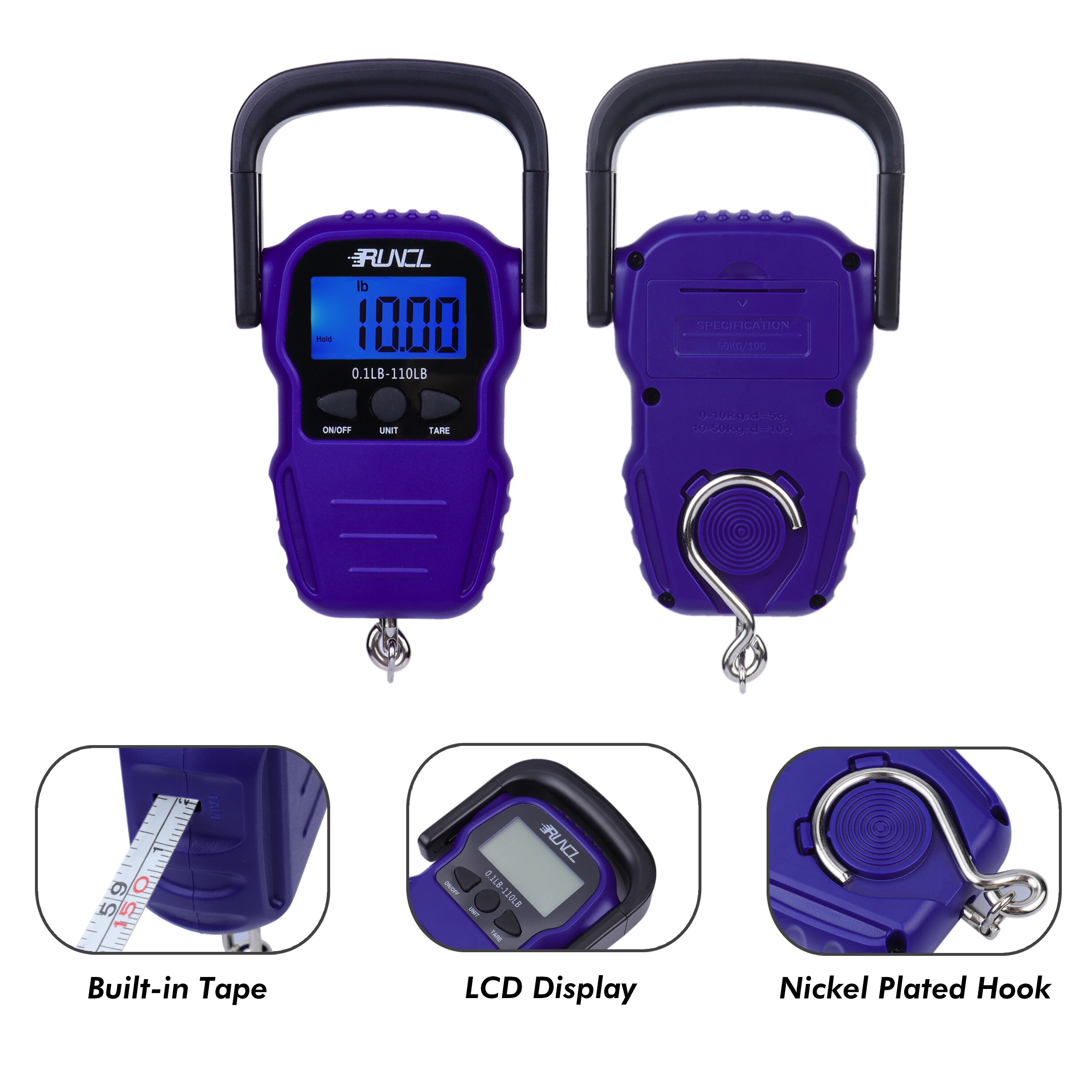 RUNCL 50KG Portable LCD Display Fishing Scale Electronic Balance Digital Handheld Weighing Hanging Hook Scale with 1.5M Tape