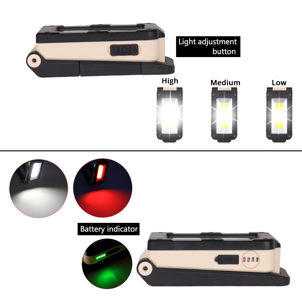 Luz de trabajo COB recargable USB linterna LED portátil Ajuste de 180 grados inferior con magnético adecuado para acampar