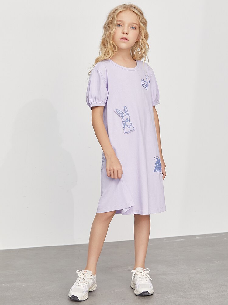 Amii Kids 3-16 Years Dress for Girls 2022 Summer Loose Casual Cotton Children Teenage Kids T-Shirt Dress Clothes 22170004: purple / 160cm