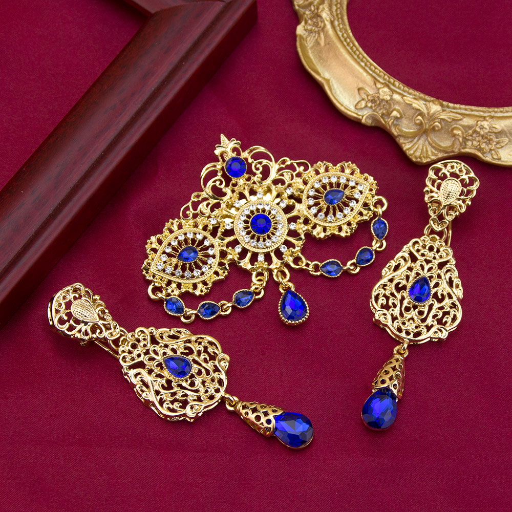Sunspicems, joyería marroquí de Color dorado, caftán, broche, conjuntos de pendientes para mujer, bisutería étnica nupcial árabe para boda, joya para: Chapado en cobre envejecido