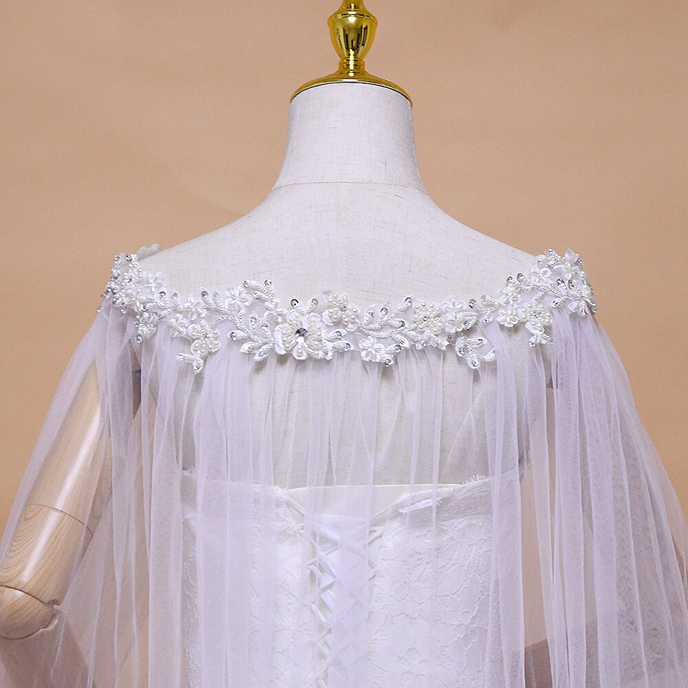 ZMG26 Women's Long Capes for Wedding Pearl Embellishment Chiffon White Bridal Shawls Wraps for Formal Party bolero for girls