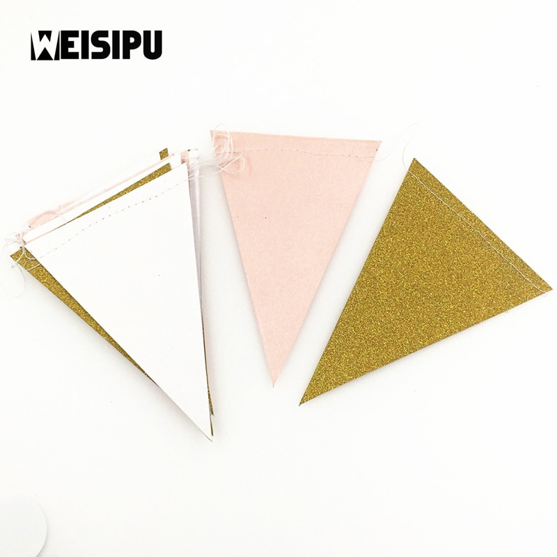 3m 15 Flags Black White Gold Flag Banner Glitter Paper Pennant Bunting Garland Wedding Birthday Party Decoration