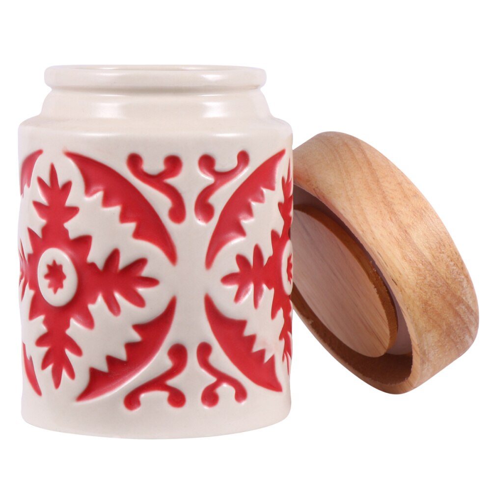 Ceramic Grain Canister Food Kitchen Sealed Storage Container Empty Storage Jar Dried Fruit Jar with Wooden Lid (Red)