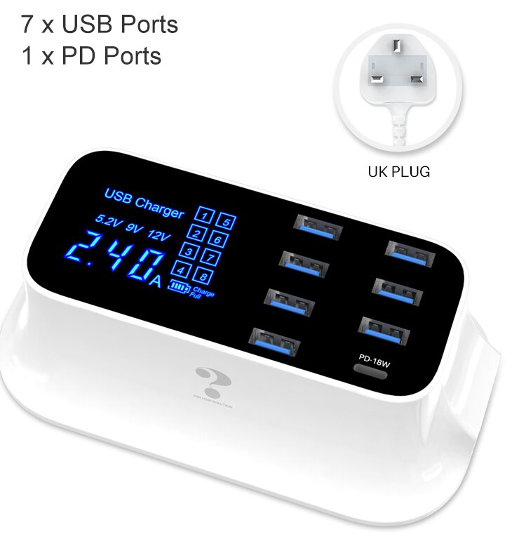 Goojodoq carregador pd 40w 8 entradas, carregador usb inteligente, display led, carregamento rápido usb para apple, iphone, adaptador, ipad xiaomi samsung: 8Ports White  UK