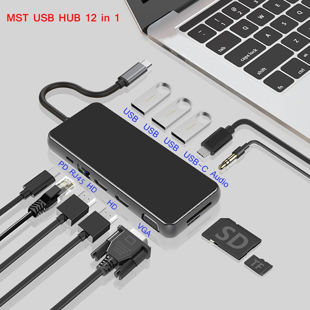 Mst Laptop Docking Station Dual Hdmi Compatibel Usb 3.0 Vga RJ45 Pd Sd/Tf Kaartlezer Voor Macbook pro Macbook Usb Hub: MST 12 IN 1