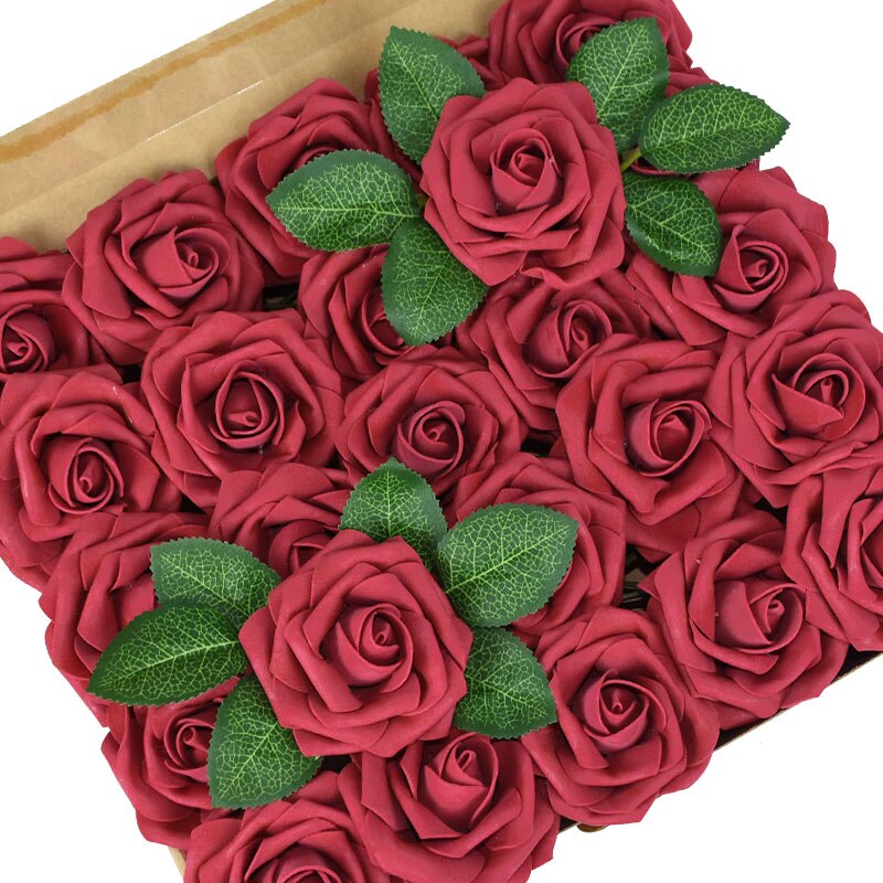 25 Pièces/boîte Mousse Artificielle Rose Fleurs avec des Feuilles Bouquets De Mariée De mariage De Décoration De Jardin de Partie Fausse Fleur BRICOLAGE Artisanat: burgundy