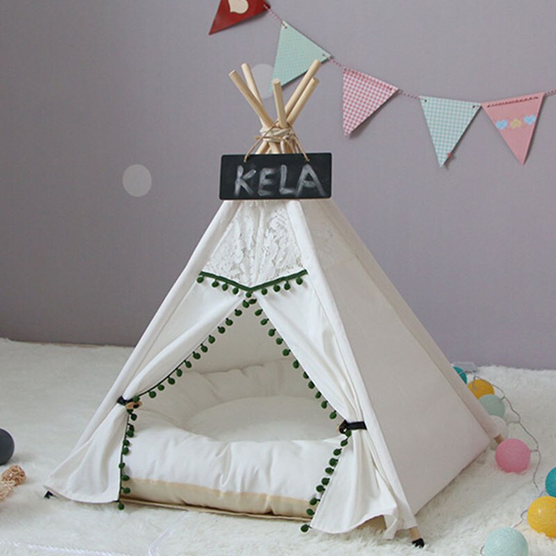 TIPI tent Huisdier Pet teepee Honden Katten Bed Afneembaar Wasbaar Met Matras (M:50X50X60CM,wit