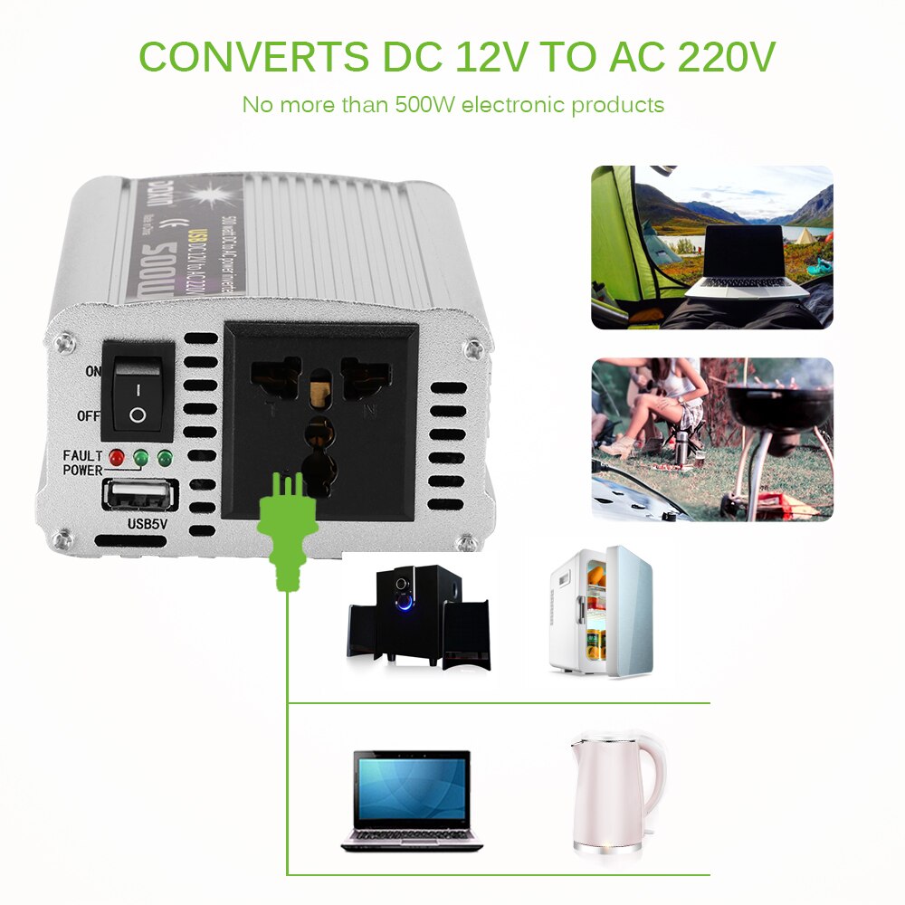 Inverter Convertitore Di Corrente 12V/220V 500W – Portatile Con Cavo Per Accendisigari Auto
