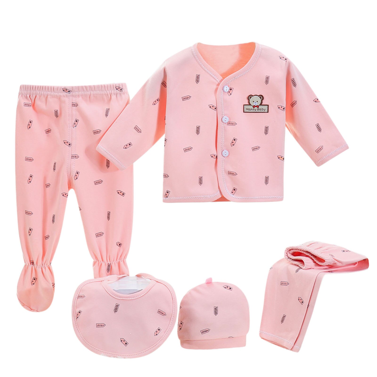 5Pcs Baby Kleding Set Baby Jongens Meisjes Cartoon Gedrukt Met Lange Mouwen Tops + Hoed + Broek + Bib Outfits set Pasgeboren Nachtkleding Ropa De Baby: Roze