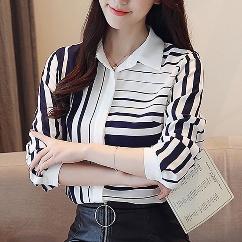 Femal Slanke Shirts Gestreepte Shirts Vrouwen Herfst Koreaanse Vrouwen Volledige Mouwen Turn-Down Kraag Chiffon Blouses 6108 50