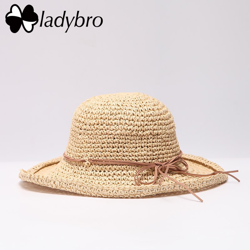 Ladybro Brand Ladies Sun Hat For Women Bowknot Raffia Straw Hat Foldable Summer Hat Wide Brim Beach Hat Female Chapeau Femme: 004 beige