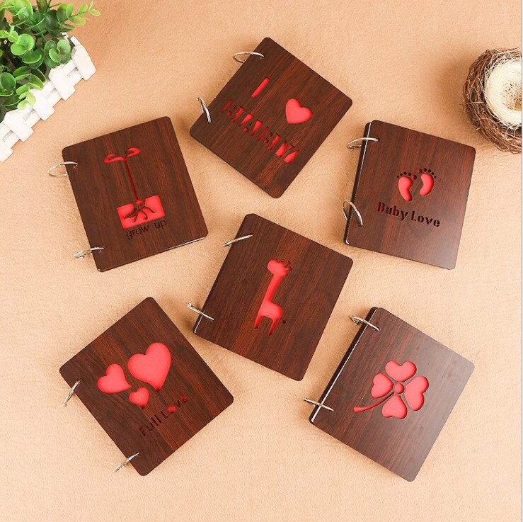 5 Inch DIY Red Wood Hollow Interleaf Photo Album Children Loose-Leaf Scrapbook Walnut Color Mini Memory Book Picture Storag