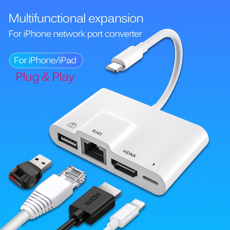 Estación de acoplamiento para iPhone, multiadaptador Lightning Internet + HDMI, compatible con pantalla + USB + carga AllIn1, conector Rj45 Living: Default Title