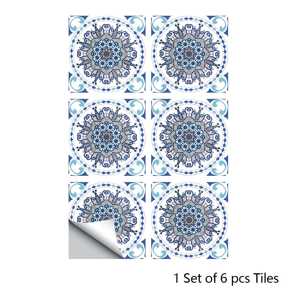 6pcs/set Blue and White Porcelain Pattern Tile Floor Stickers Kitchen Bathroom Ceramics Art Mural Home Decor PVC Wall Sticker