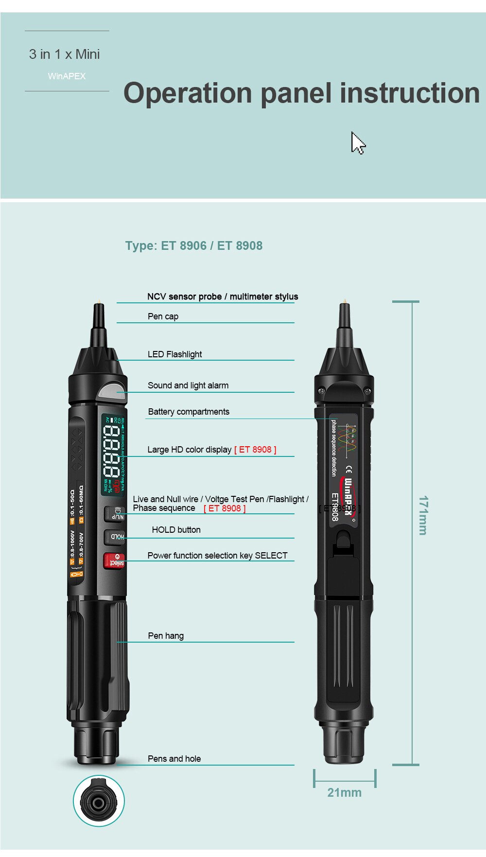 3 in 1 et8906/et8908 pro true rms digital multimeter profesjonell + spenningstester penn + fasesekvenser meter voltmeter