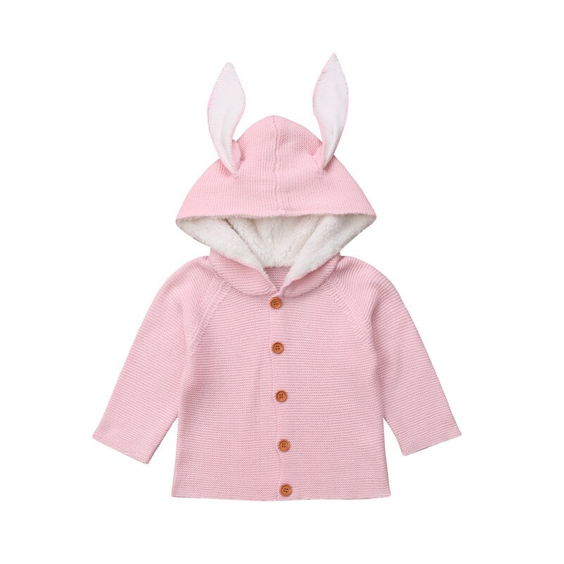 Nyfødt sød baby pige dreng strik trøje 3d kanin øre hætteklædte cardigan overtøj tøj tøj langærmet varm bomuldstøj: Lyserød / 6m